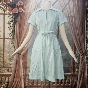 Vintage 1960's Dress Mint Green Striped Belt Short Sleeve Three R's Retro